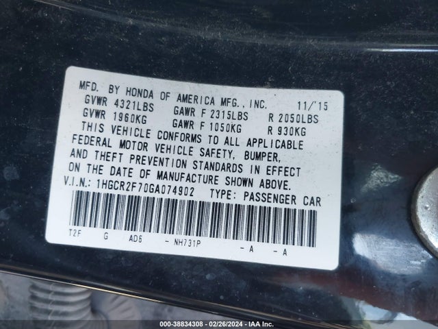 Honda ACCORD EX 2016 1HGCR2F70GA074902 Image 9