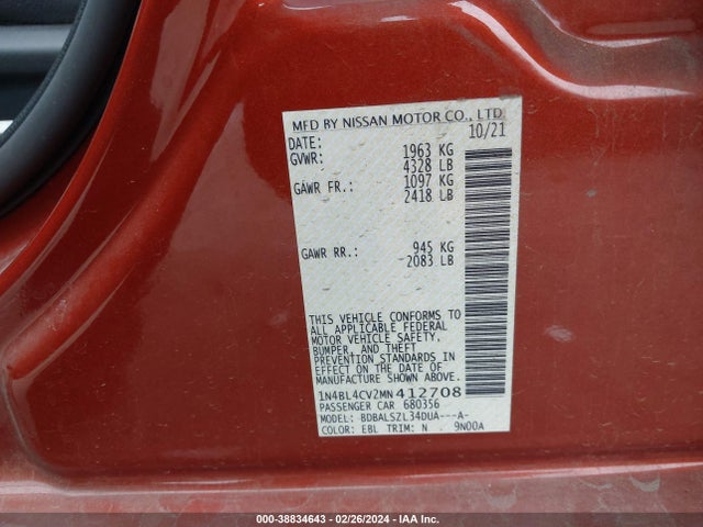 Nissan Altima Sr Fwd 2021 1N4BL4CV2MN412708 Image 9