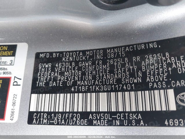 Toyota CAMRY SE 2016 4T1BF1FK3GU117401 Image 9