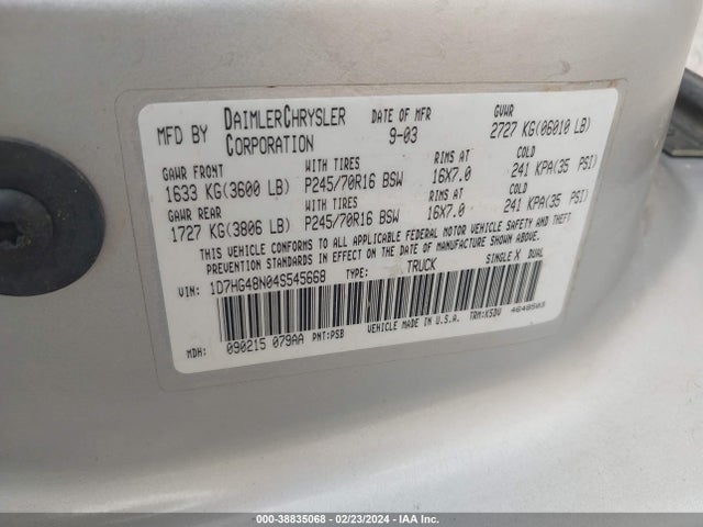 2004 DODGE DAKOTA SLT VIN: 1D7HG48N04S545668