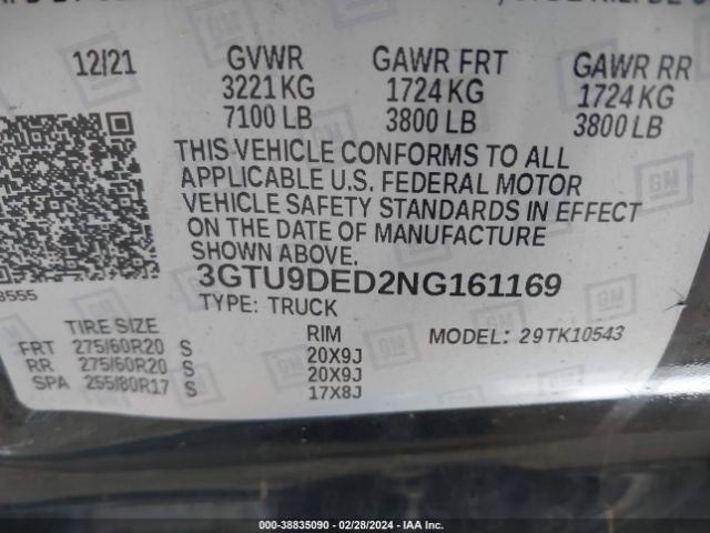 3GTU9DED2NG161169 GMC Sierra Limited K1500 Slt