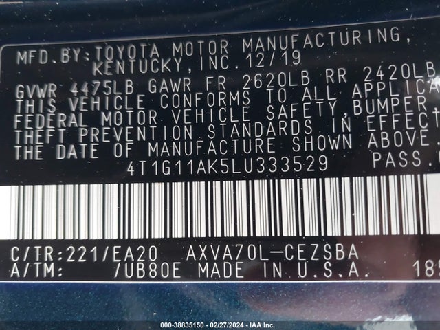 Toyota CAMRY SE 2020 4T1G11AK5LU333529 Image 9