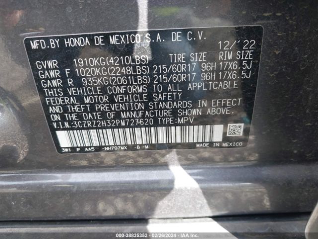3CZRZ2H32PM727620 Honda Hr-v Awd Lx