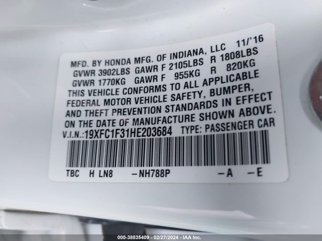 Honda Civic Ex-t 2017 19XFC1F31HE203684 Image 9