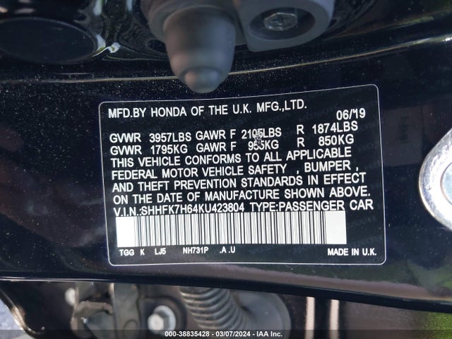 Honda CIVIC EX 2019 SHHFK7H64KU423804 Image 9
