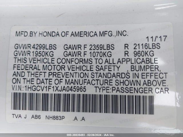Honda ACCORD LX 2018 1HGCV1F1XJA045965 Image 9