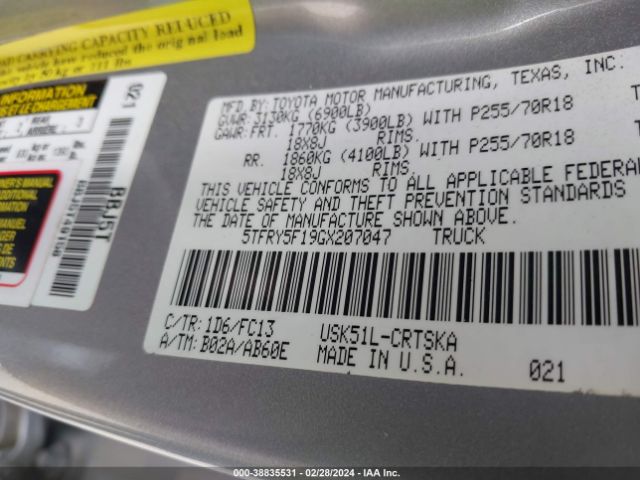 5TFRY5F19GX207047 Toyota Tundra Sr5 5.7l V8