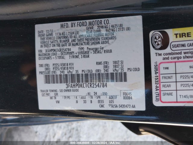 Продажа на аукционе авто 2012 Ford Fusion Sport, vin: 3FAHP0KC1CR254784, номер лота: 38835685