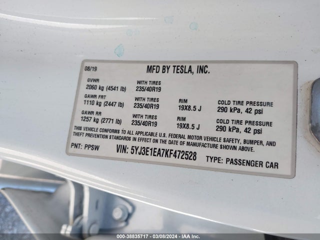 Tesla Model 3 Long Range/mid Range/standard Range/standard Range Plus 2019 5YJ3E1EA7KF472528 Image 9