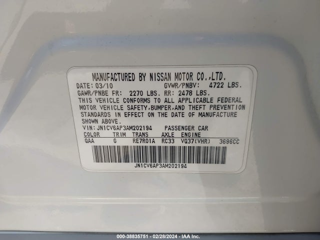 2010 INFINITI G37 JOURNEY VIN: JN1CV6AP3AM202194