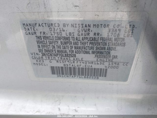 3N1CN7AP7GL882528 Nissan Versa 1.6 S