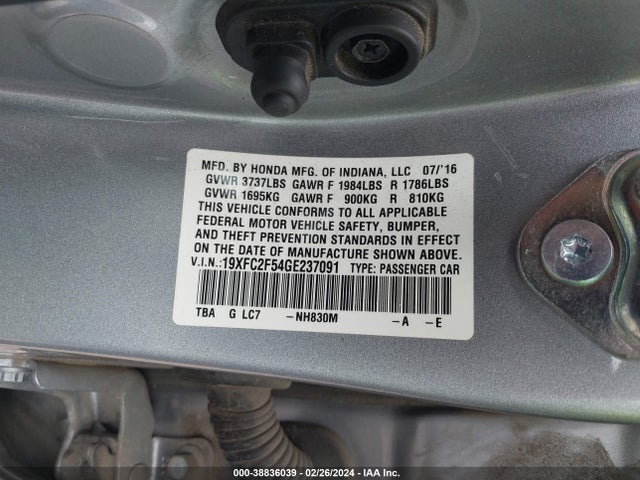 Honda Civic Lx 2016 19XFC2F54GE237091 Image 9