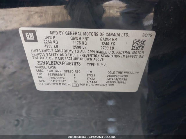 Chevrolet EQUINOX 1LT 2015 2GNALBEKXF6357078 Image 9