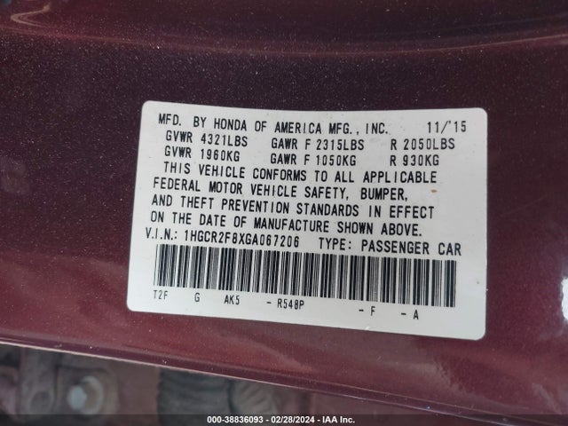 Honda Accord Ex-l 2016 1HGCR2F8XGA067206 Image 9
