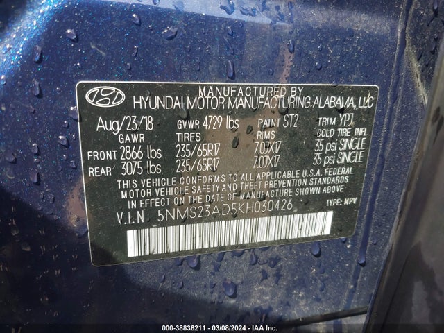 Hyundai Santa Fe Se 2019 5NMS23AD5KH030426 Image 9