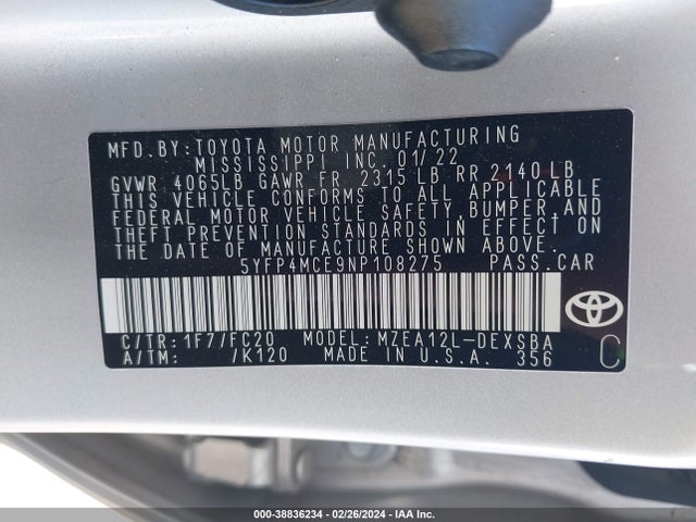 Toyota COROLLA SE 2022 5YFP4MCE9NP108275 Image 9