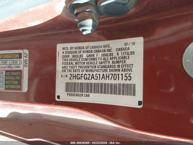 2010 HONDA CIVIC SI VIN: 2HGFG2A51AH701155