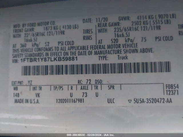 Ford Transit-250 2020 1FTBR1Y87LKB59881 Image 9