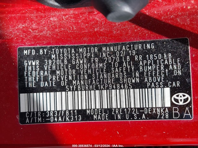 Toyota COROLLA LE 2019 5YFBURHE1KP948465 Image 9