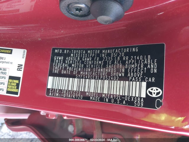 Toyota COROLLA SE 2020 5YFS4RCEXLP052402 Image 9