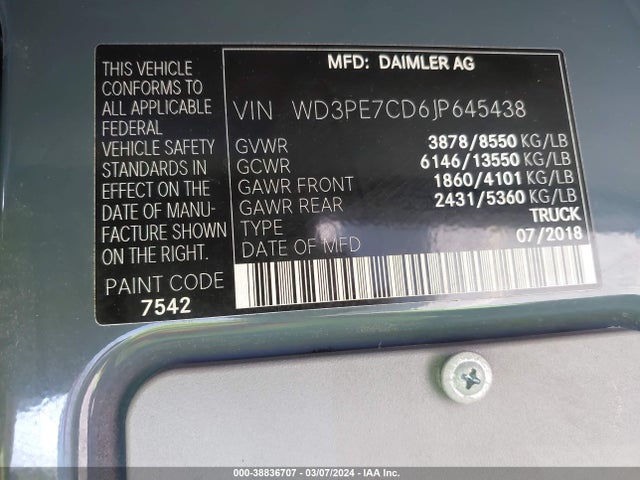 WD3PE7CD6JP645438 Mercedes-Benz Sprinter 2500 Standard Roof V6