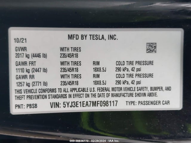 Tesla Model 3 Standard Range Plus Rear-wheel Drive 2021 5YJ3E1EA7MF098117 Image 9