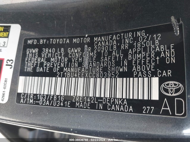2012 TOYOTA COROLLA LE VIN: 2T1BU4EEXCC803952