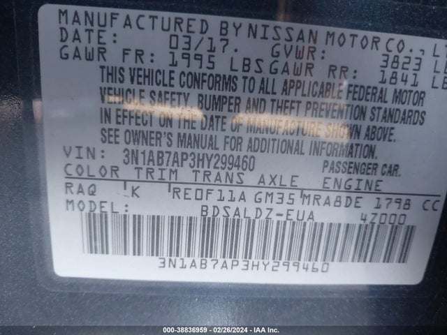 Nissan SENTRA SV 2017 3N1AB7AP3HY299460 Image 9