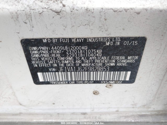 Subaru Wrx Limited 2015 JF1VA1J62F9829853 Image 9