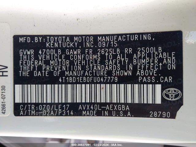 2015 TOYOTA AVALON HYBRID XLE TOURING VIN: 4T1BD1EB0FU047779