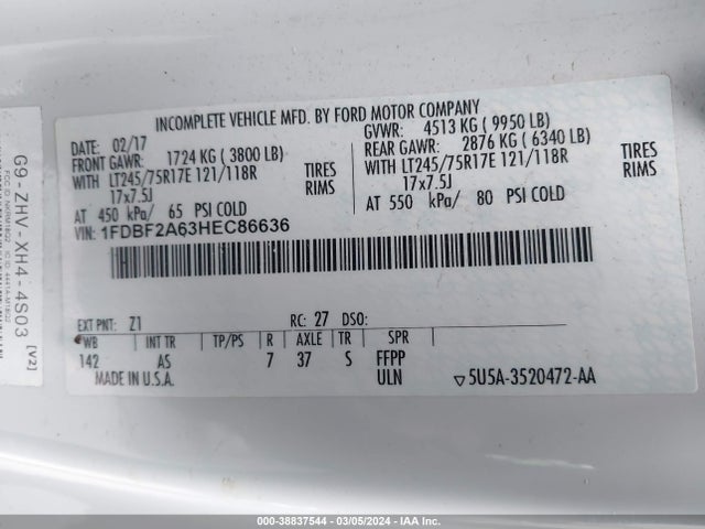 Ford F-250 Xl 2017 1FDBF2A63HEC86636 Image 9