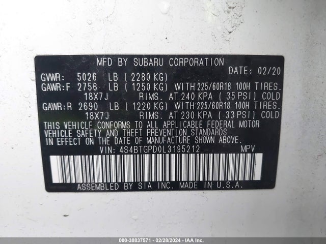 4S4BTGPD0L3195212 Subaru Outback Touring Xt