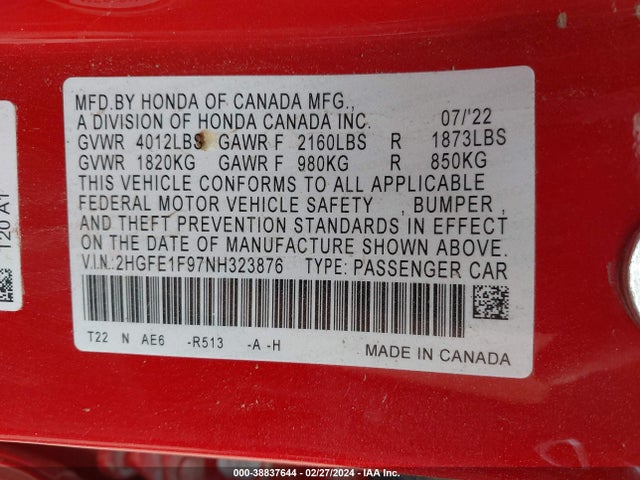 Honda Civic Touring 2022 2HGFE1F97NH323876 Image 9
