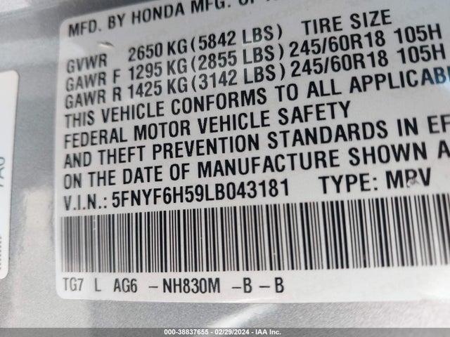 Honda Pilot Awd Ex-l 2020 5FNYF6H59LB043181 Image 9