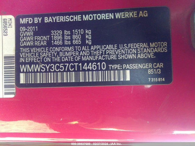 2012 MINI COOPER S WMWSY3C57CT144610 Photo 8