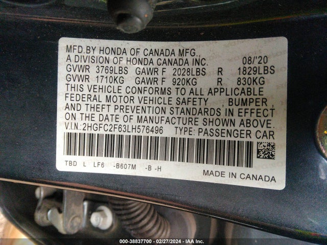 Honda Civic Lx 2020 2HGFC2F63LH576496 Image 9