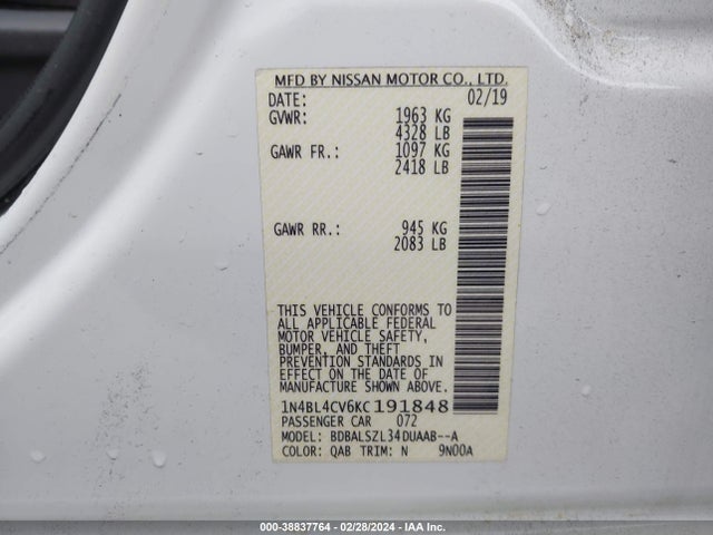 Nissan Altima 2.5 Sr 2019 1N4BL4CV6KC191848 Image 9