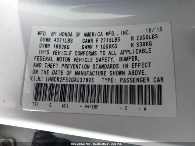 1HGCR2F52GA037896 Honda Accord Sport