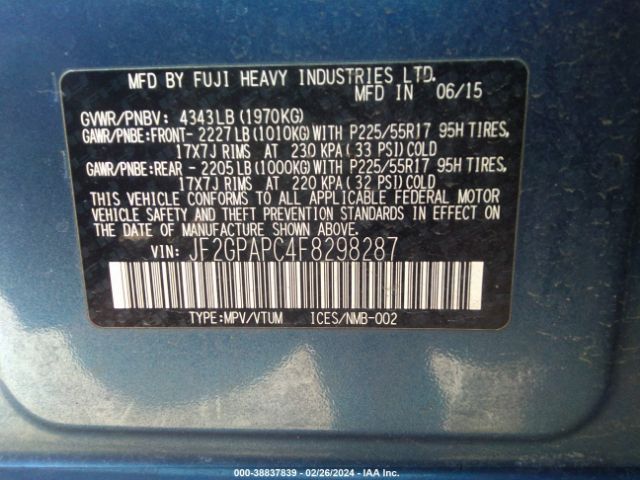 JF2GPAPC4F8298287 Subaru Xv Crosstrek 2.0i Limited