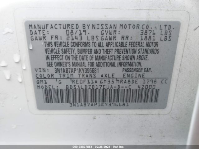 3N1AB7AP1KY396681 Nissan SENTRA SV