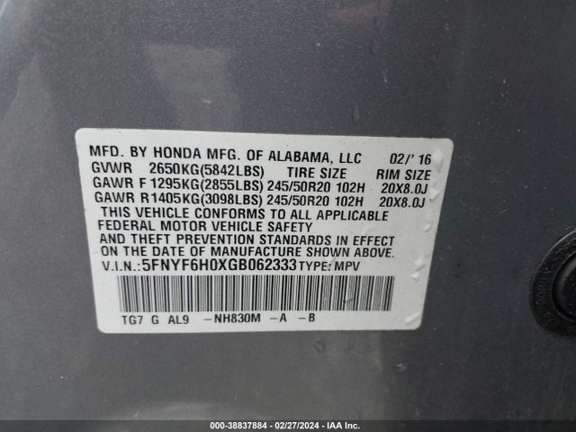 Honda Pilot Elite 2016 5FNYF6H0XGB062333 Image 9