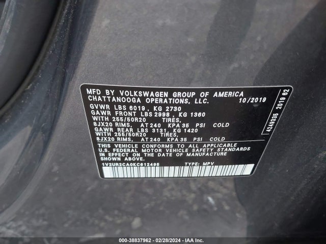 1V2UR2CA0KC612495 Volkswagen Atlas 3.6l V6 Se W/technology