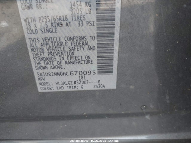 Nissan Pathfinder Sl 2017 5N1DR2MN0HC670095 Image 9