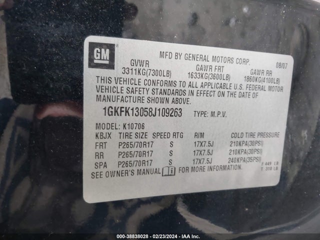 2008 GMC YUKON SLT VIN: 1GKFK13058J109263