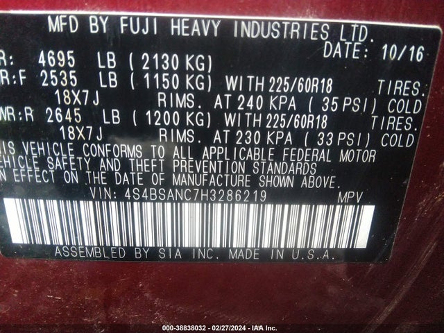 Subaru Outback 2.5i Limited 2017 4S4BSANC7H3286219 Image 9