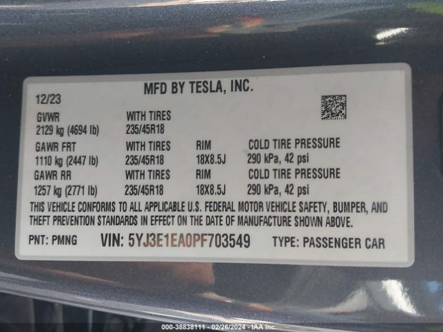 5YJ3E1EA0PF703549 Tesla Model 3 Rear-wheel Drive