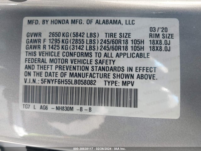 Honda Pilot Awd Ex-l 2020 5FNYF6H55LB058082 Image 9