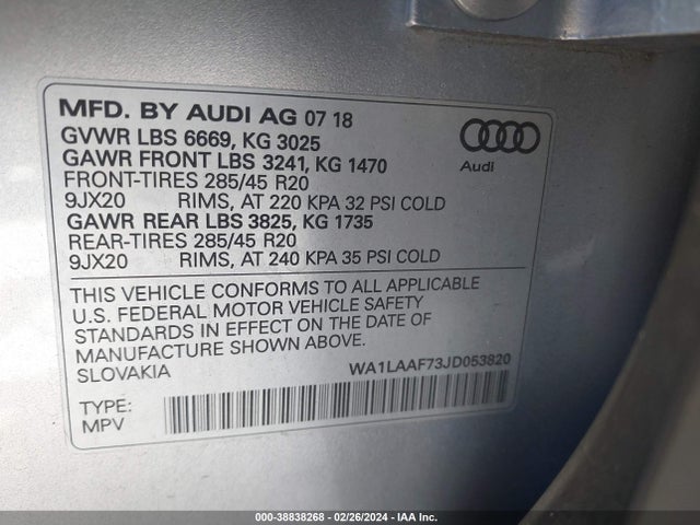 WA1LAAF73JD053820 Audi Q7 3.0t Premium
