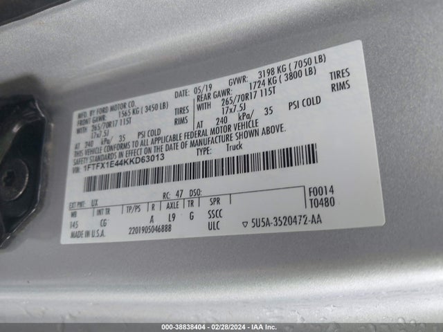 Ford F-150 Xl 2019 1FTFX1E44KKD63013 Image 9