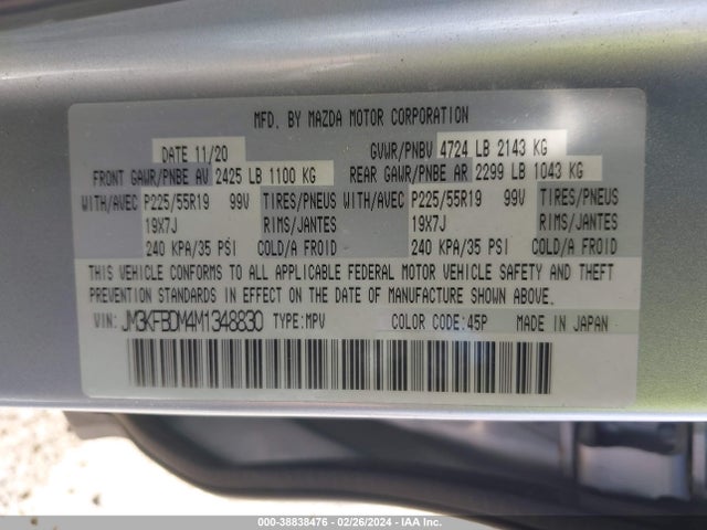 2021 MAZDA CX-5 GRAND TOURING VIN: JM3KFBDM4M1348830